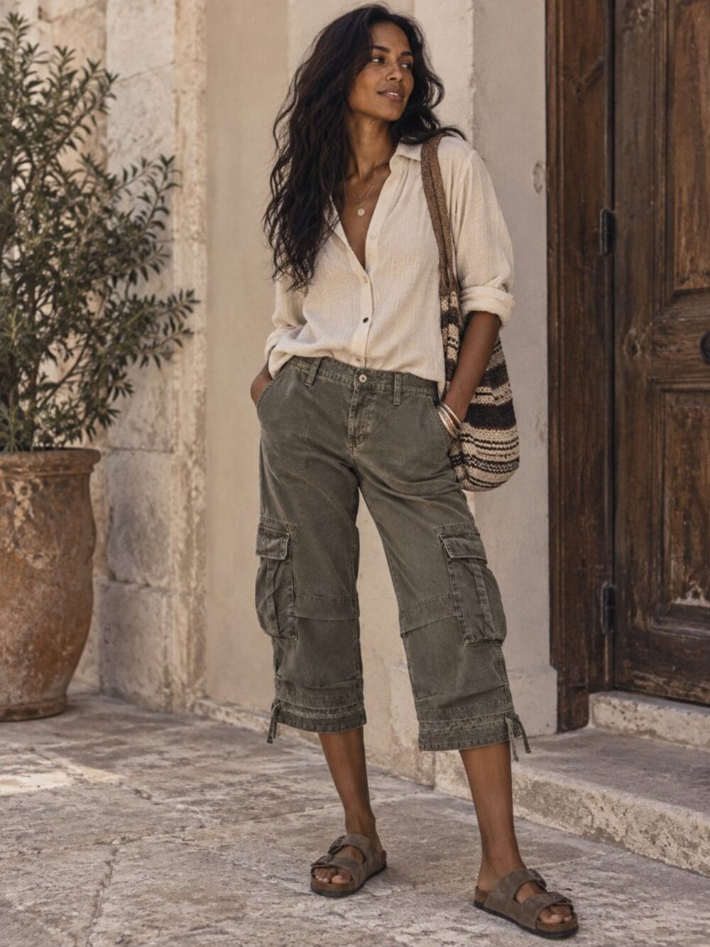 SUNDANCE Olive Cargo Cotton Capri Pants Boho Utility Granola Earthy Cool Girl 6